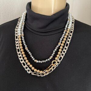 #5 garden party costume jewelry / 21" gold, silver & pearls metal necklace